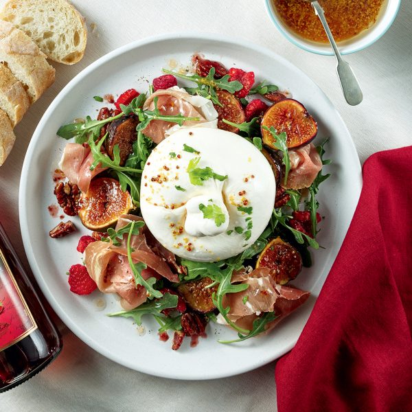 Burrata aux figues rôties et vinaigrette à la framboise