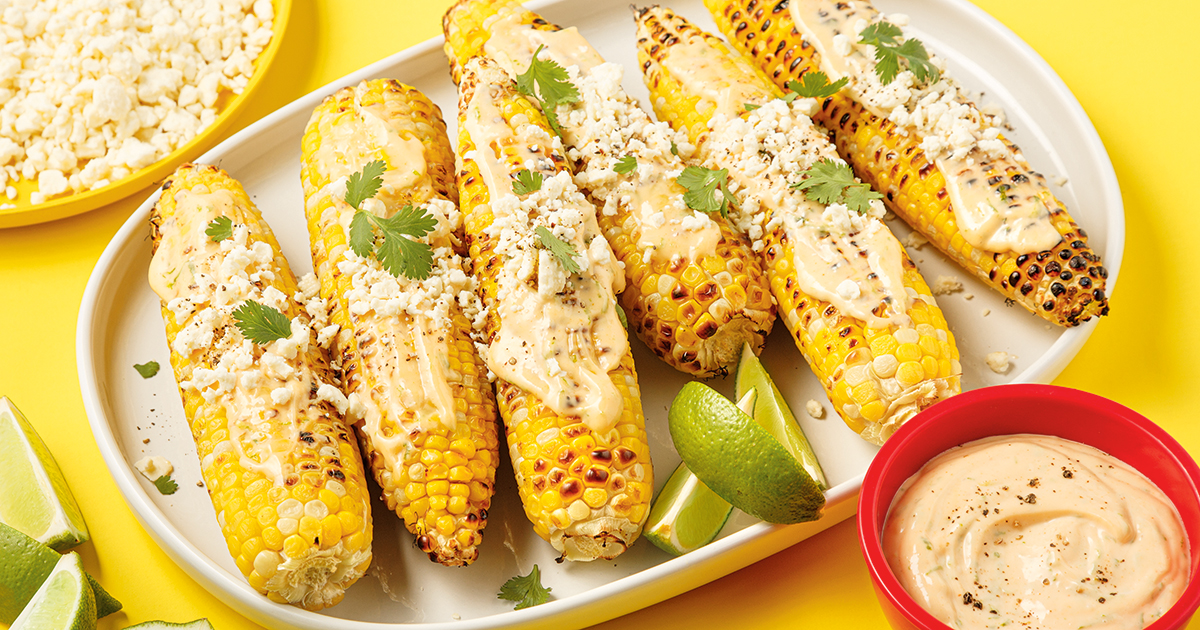 Maïs grillés avec garniture épicée feta-lime - 5 ingredients 15 minutes