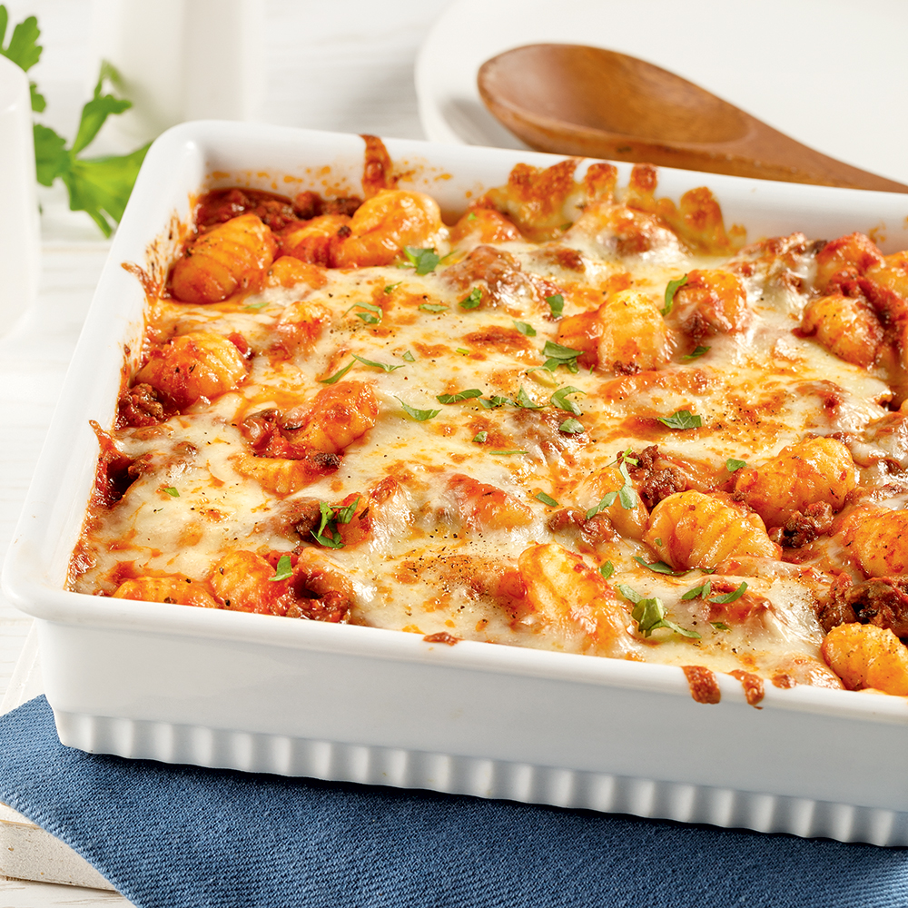 Casserole de gnocchis gratinés au bœuf haché et mozzarella