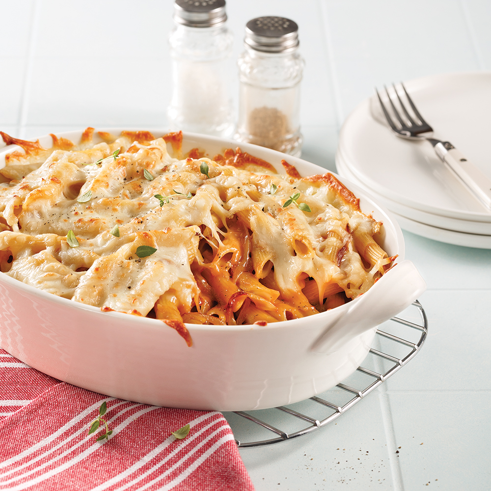Pennes à la soupe à l’oignon gratinées au fromage