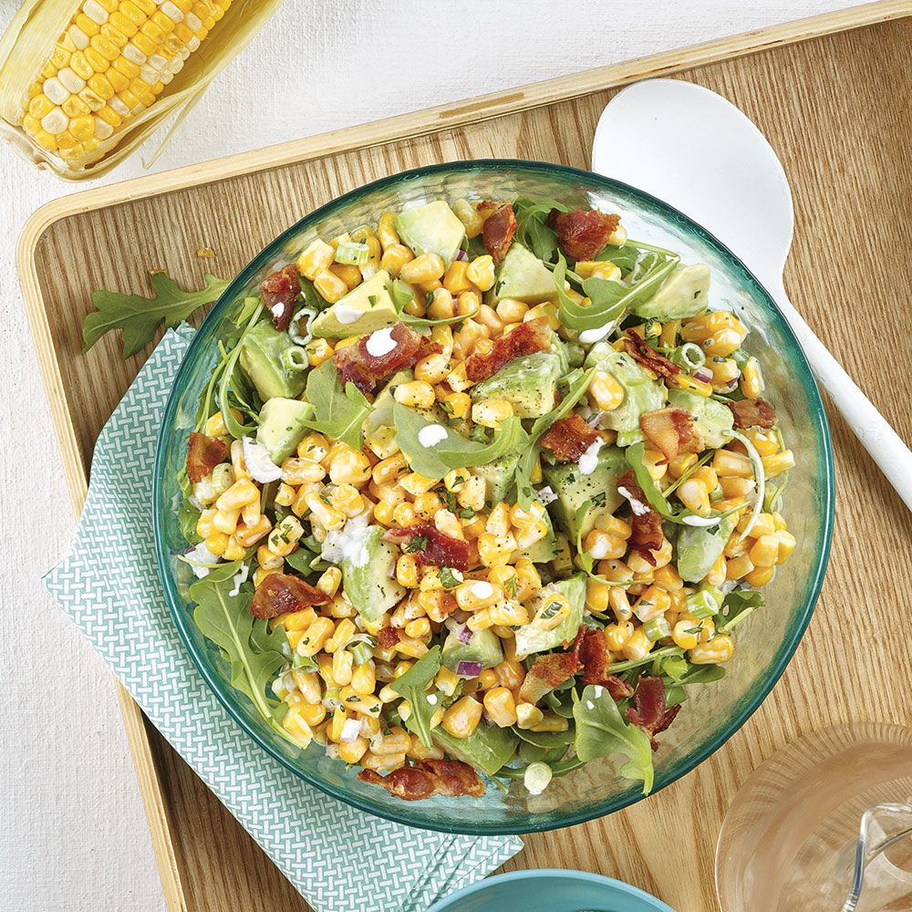 Maïs, avocat et bacon