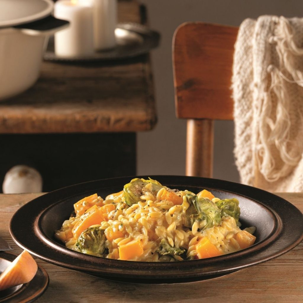 Orzotto à la courge et choux de Bruxelles