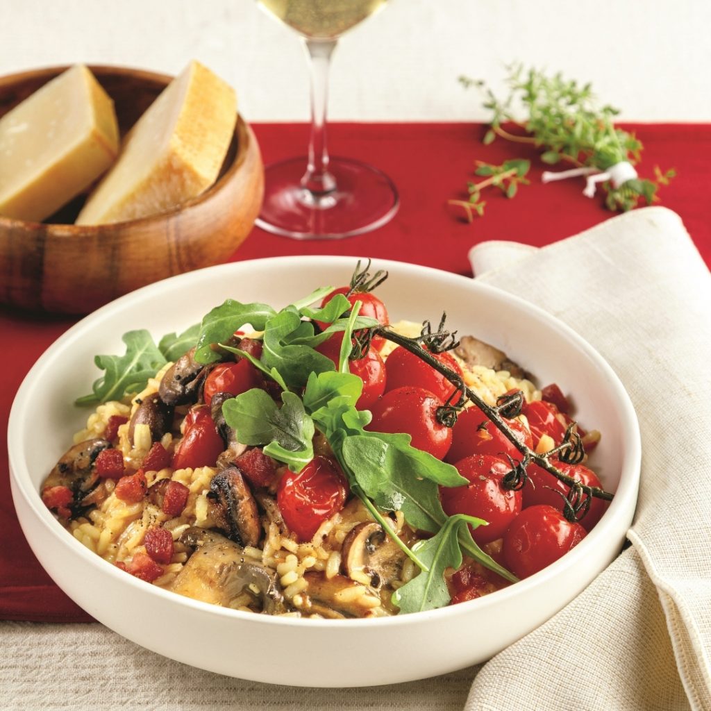 Risotto aux tomates confites et pancetta