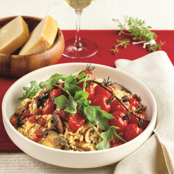 Risotto aux tomates confites et pancetta