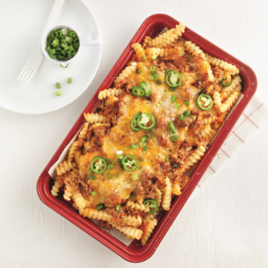 Frites au porc effiloché gratinées