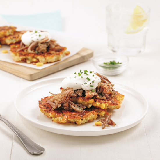 Galettes de maïs et Oka à l'effiloché de canard