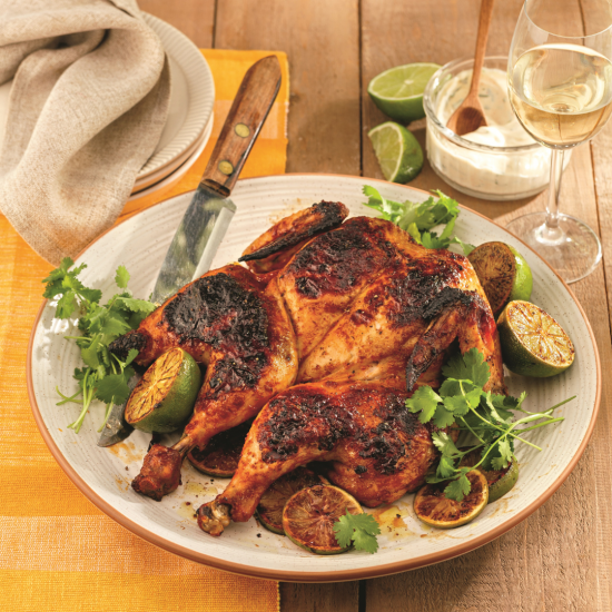 Poulet au chili en crapaudine style péruvien, sauce à la lime