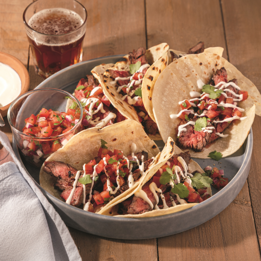 Tacos de bavette de boeuf marinée à la bière