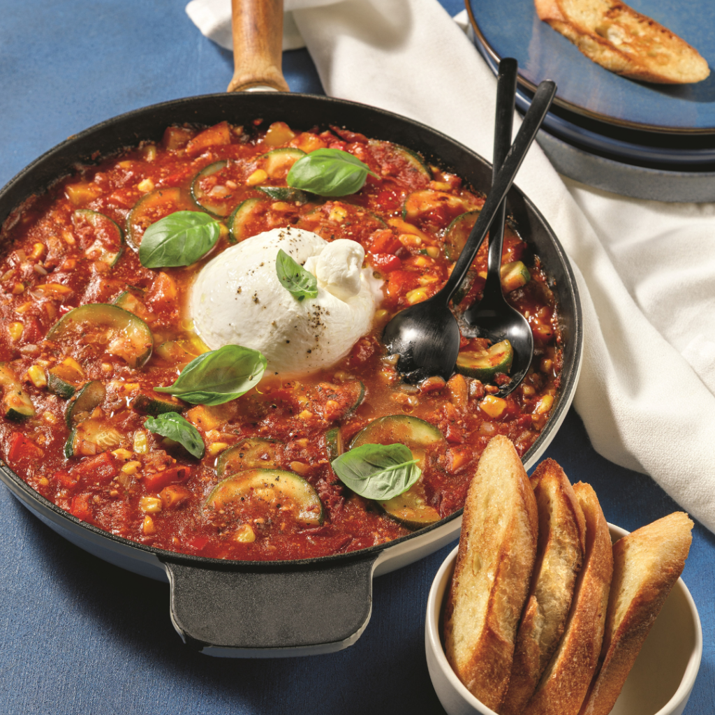 Casserole de légumes d’été à la sauce au tofu et burrata
