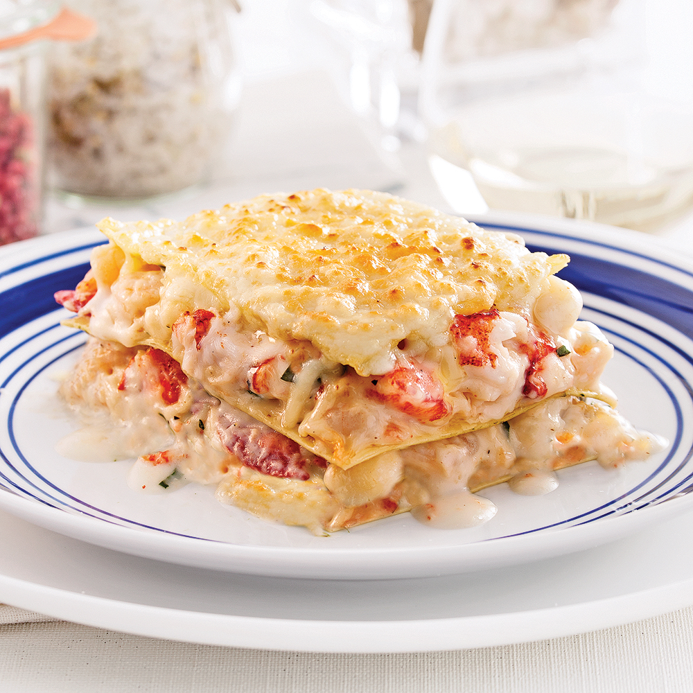 Lasagne crémeuse aux crevettes, pétoncles et homard