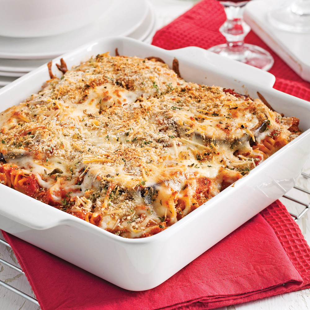 Gratin de pâtes aux aubergines et fromage fondu