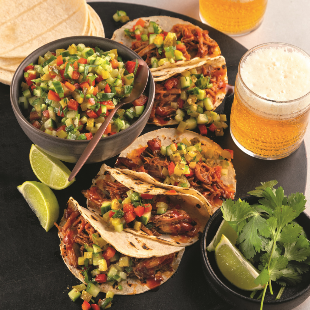 Tacos au porc effiloché et « pickle » de gallo